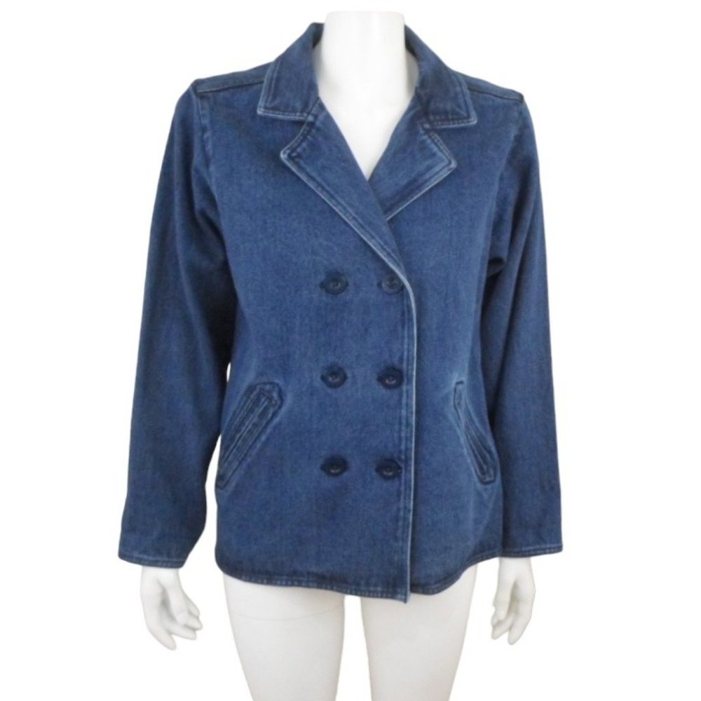High Sierra Double Breasted Denim Peacoat Blazer Jacket Dark Medium Wash Blue